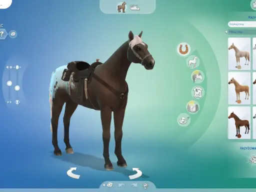 Tworzenie konia w The Sims 4. Widoczny ciemnobrązowy koń z jasną grzywą i plamami na zadzie, w siodle. Po prawej panel wyboru ras koni.