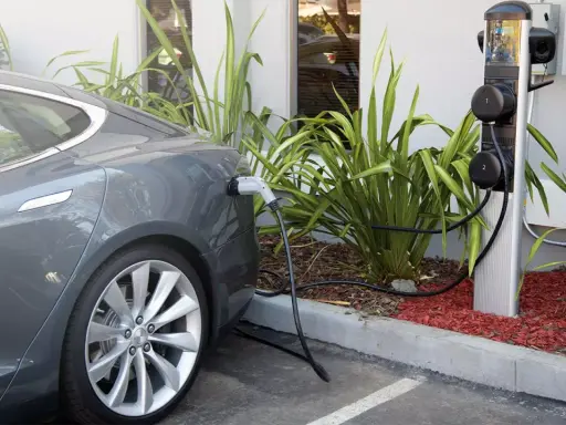 Coche eléctrico gris cargando en uno de los cargadores públicos. La estación tiene dos puntos de carga y está rodeada de vegetación.