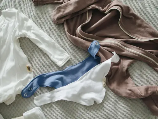 Brązowy pajacyk z zamkiem i zatrzaski przy bluzie, biały i niebieski śliniaczek.