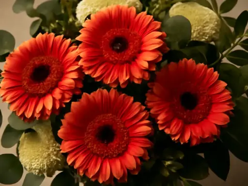 En bukett med lysande orange gerbera blommor, omgiven av gröna blad och fluffiga vita blommor.