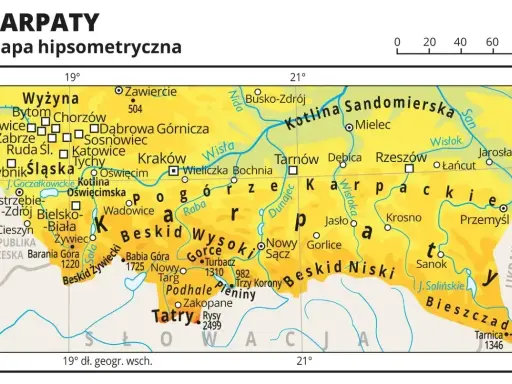 Mapa hipsometryczna **Karpat** **Polski** z zaznaczonymi pasmami górskimi, miastami i rzekami.