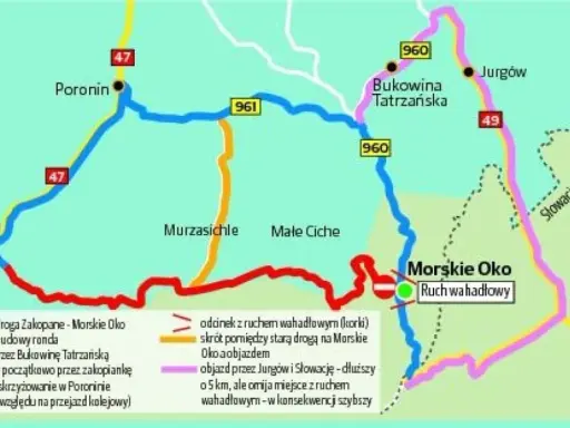 Mapa pokazuje, jak dojechać z Bukowiny Tatrzańskiej do Morskiego Oka. Dostępne są różne trasy, w tym objazdy i skróty.
