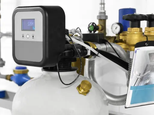 Système de traitement d'eau moderne, avec écran digital affichant "5354". Ce dispositif, conçu par un fabricant adoucisseur d'eau, est entouré de tuyauterie en laiton et de vannes.