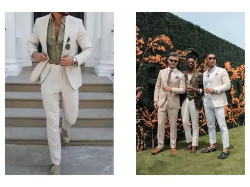 Men in light-colored suits showcase dressy casual wedding attire. One man wears a cream suit with a green shirt, while others sport tan suits and light trousers.
