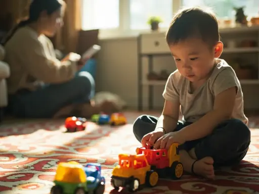 Chłopiec bawi się samochodzikami, podczas gdy matka w tle przegląda tablet. Czasem nawet w takich chwilach może kryć się **ptsd u dzieci**.