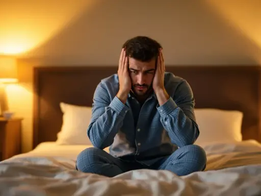 Uomo a letto con le mani sulle orecchie, sofferente per l'ansia da vicini rumorosi. La stanza è illuminata da luci soffuse.