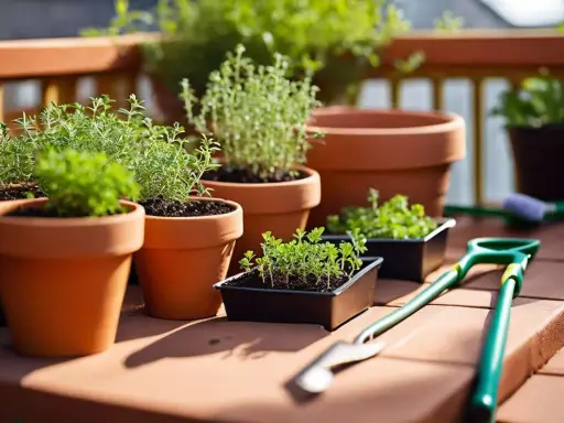 Plusieurs plants de thym en pot, prêts à être transplantés, sur un balcon ensoleillé. Des outils de jardinage sont à proximité.