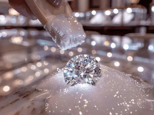 Un diamant étincelant est délicatement brossé dans des bulles savonneuses, révélant les secrets de comment nettoyer des diamants pour qu'ils brillent de mille feux.