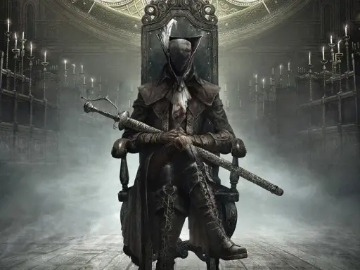 Postać w mrocznym stroju z mieczem siedzi na tronie. W tle świece i ozdobne meble. To kluczowy element bloodborne poradnik.