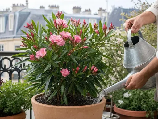 Un laurier rose en pleine floraison, arrosé par une main tenant un arrosoir. Un bon engrais pour laurier rose assure une telle beauté.