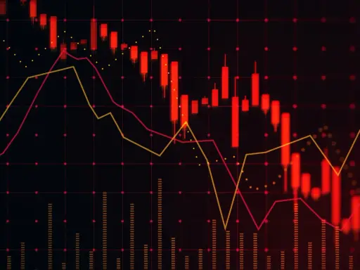 Wykres świecowy z czerwoną i żółtą linią, ilustrujący spadki na polskiej giełdzie kryptowalut.