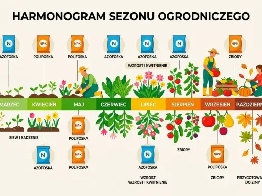 Harmonogram nawożenia: Azofoska w marcu i maju, Polifoska w maju i wrześniu. Wzrost i kwitnienie w czerwcu, lipcu, sierpniu. Zbiory we wrześniu.