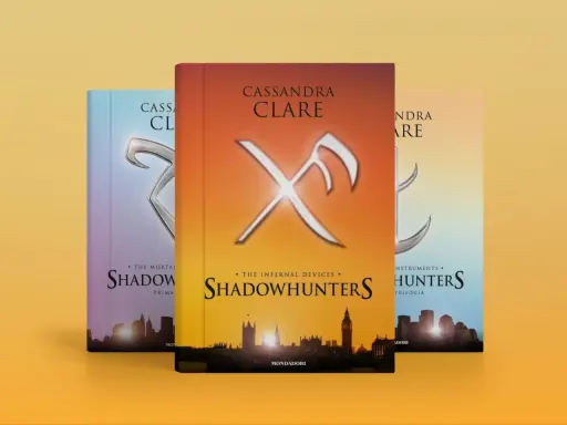 Tre copertine di libri Shadowhunters di Cassandra Clare, con silhouette di città e simboli runici.