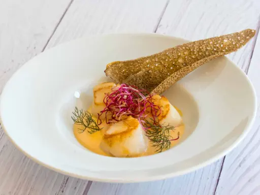 Saint-Jacques poêlées dans une sauce onctueuse, garnies de pousses rouges et d'aneth, accompagnées d'une tuile de sarrasin. Un délice de table à la française.