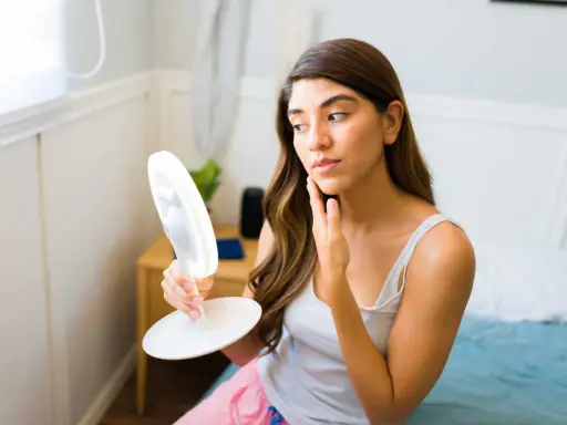 Femme examinant son visage dans un miroir lumineux, cherchant des conseils sur comment maigrir du visage.