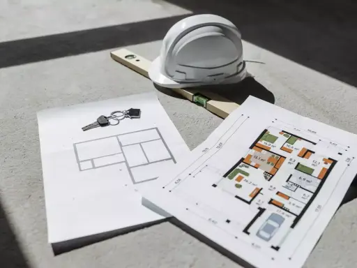 Clés, casque et niveau à bulle sur des plans d'architecte, un aperçu d'un projet de construction. Un plan architecte gratuit pour concrétiser vos rêves.