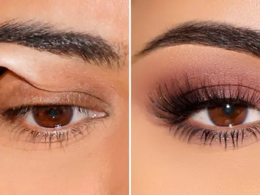Trucco per palpebre cadenti: prima e dopo. L'occhio sinistro mostra l'applicazione della linea, il destro un look completo con ombretto e ciglia finte.