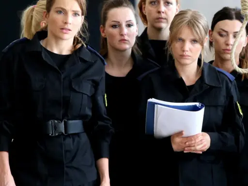 Grupa niebezpieczne kobiety w czarnych mundurach, jedna z nich trzyma teczkę, w tle sznur.