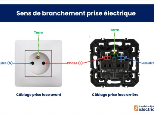 Vue avant et arrière d'un socle de prise électrique, montrant le câblage correct pour la phase, le neutre et la terre.