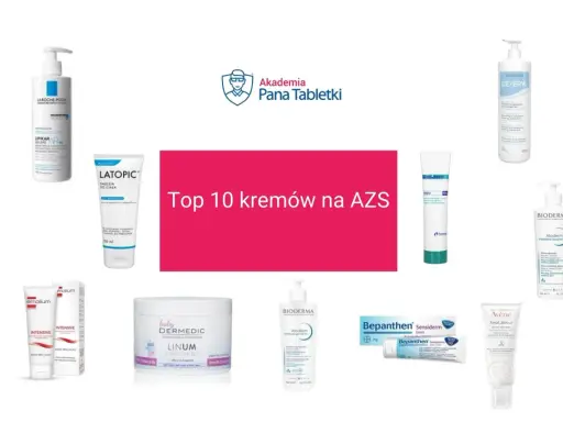 Krem do skóry atopowej: kolekcja produktów, w tym La Roche-Posay, Latopic, Bioderma, Emolium, Dexeryl, Bepanthen i Avène.