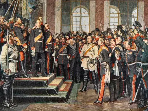 Männer in Uniformen versammeln sich, einige mit erhobenen Hüten, ein Moment der gesellschaftlichen Bedeutung im Kaiserreich.