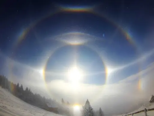 Zjawiskowy efekt halo nad zimowym krajobrazem. Słońce otoczone tęczowymi kręgami, mgła i ośnieżone drzewa tworzą magiczną scenę.