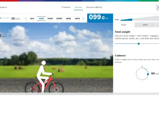 Symulator zasięgu roweru elektrycznego Bosch. Ustawienia: 20 km/h, 100 kg wagi, 60 rpm.
