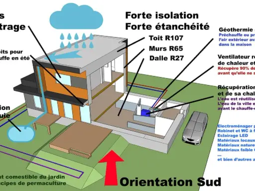 Schéma illustrant les principes pour construire une maison passive : isolation, récupération d'eau, triple vitrage, géothermie, ventilation.