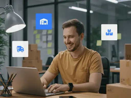 Uśmiechnięty mężczyzna pracuje przy laptopie, otoczony ikonami magazynu, dostawy i paczek. Baselinker connect ułatwia zarządzanie logistyką.