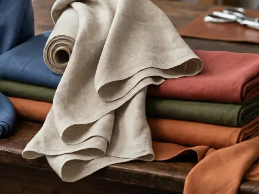 En hög med tygrullar i olika färger, alla av lin material. En rulle med fiskbensmönster, en blå, en beige, en röd, en grön och en orange.