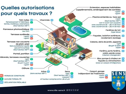 Schéma illustrant les autorisations nécessaires pour divers travaux de rénovation de bâtiment, comme l'ajout de panneaux solaires ou la construction d'une véranda.