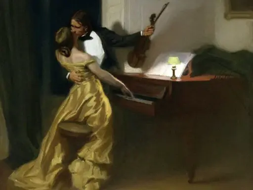 Un uomo in smoking bacia una donna in abito dorato, con un violino in mano, accanto a un pianoforte. L'atmosfera evoca la passione della sonata a Kreutzer.