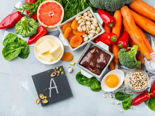 Assiette de foie, carottes, épinards, œufs, abricots secs, pistaches, poivrons rouges, brocolis, haricots blancs et beurre : des aliments riches en vitamine A.