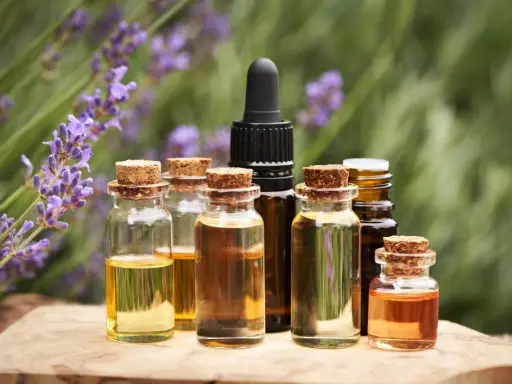 Bottigliette di oli essenziali, con lavanda sullo sfondo, che evocano le loro proprietà benefiche e naturali.