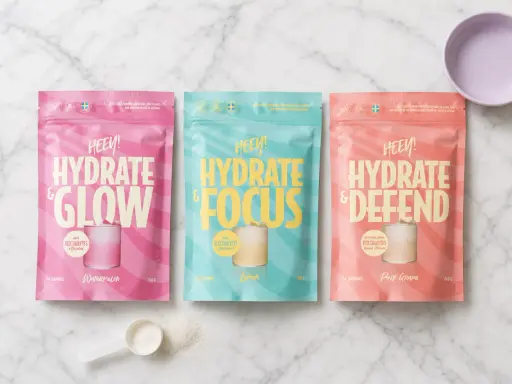 Tre påsar med pulver för elektrolytdryck: "Hydrate & Glow", "Hydrate & Focus" och "Hydrate & Defend". Perfekt som dricka vid magsjuka för att återställa vätskebalansen.