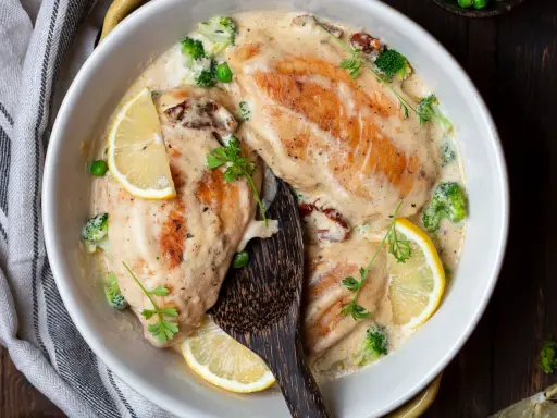 Deliziose scaloppine al vino bianco in una cremosa salsa, guarnite con limone, broccoli e piselli. Un piatto invitante e saporito.