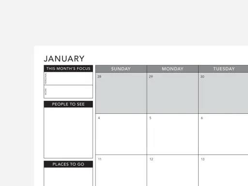 Calendrier de janvier avec sections pour les objectifs, les personnes à voir et les lieux à visiter. Une application agenda gratuite pour organiser votre mois.