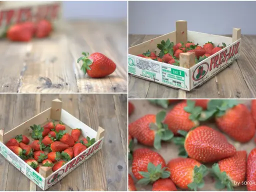 Cajas de madera con pintadas cajas de fresas decoradas, listas para ser disfrutadas. Frescura y sabor en cada detalle.