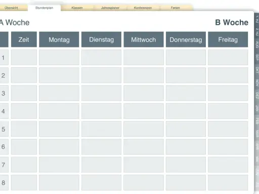 Ein leerer Stundenplan für die "A Woche" mit Feldern für Zeit, Montag bis Freitag und 8 Zeitstunden. Ideal als schuljahreskalender zum ausdrucken.