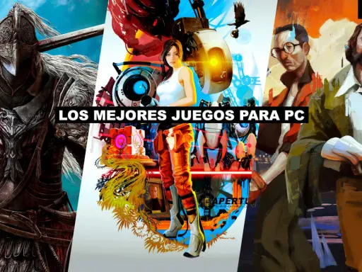 Un guerrero con armadura, Chell de Portal y dos hombres con trajes, todos parte de los mejores juegos para PC.