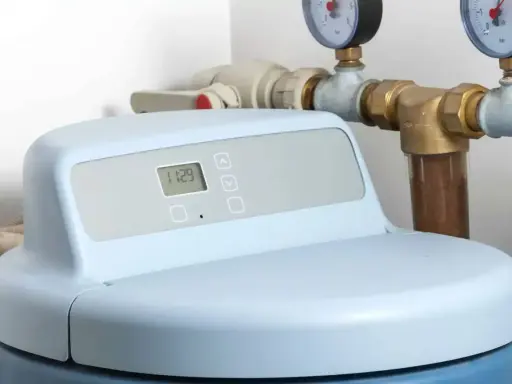 Adoucisseur d'eau moderne avec écran digital affichant l'heure. Les tuyaux et manomètres suggèrent une installation de rupture de charge adoucisseur.