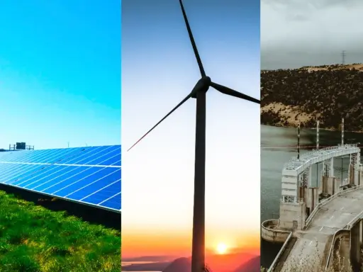 Solceller, vindkraftverk och ett vattenkraftverk visar hur vi kan kombinera solceller och vindkraft för en hållbar framtid.