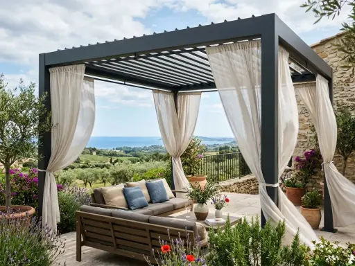 Pergola bioclimatique avec salon extérieur, vue mer. Idéal pour choisir votre espace de détente.