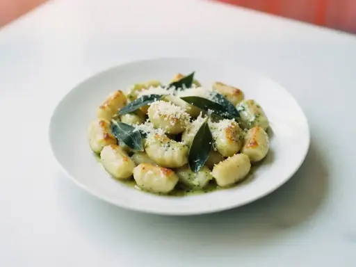 Pyszne gnocchi z sosem, posypane parmezanem i ozdobione listkami szałwii. Idealne danie dla miłośników włoskiej kuchni.