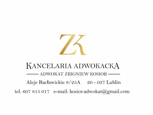 Logo kancelarii adwokackiej z inicjałami ZK, nazwa, dane kontaktowe i adres w Lublinie.