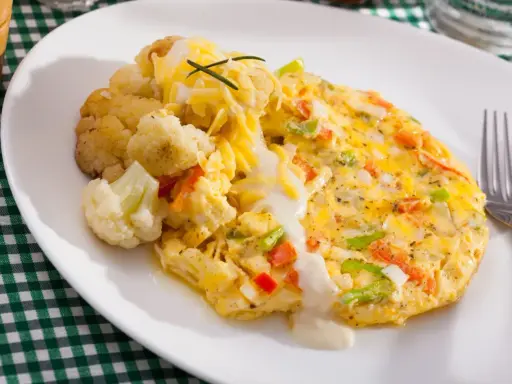 Pyszny omlet z warzywami i serem, podany z kalafiorem. Świetny pomysł, co zrobić z białek, gdy masz ochotę na coś lekkiego i sycącego.