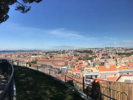 Blick vom Nossa Senhora do Monte auf Lissabon mit seinen roten Dächern und der Brücke im Hintergrund.