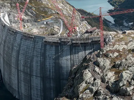 Bau einer gewaltigen Staumauer, die an Pumpspeicherkraftwerke in Deutschland erinnert. Kräne ragen in den Himmel, während die Betonkonstruktion wächst.