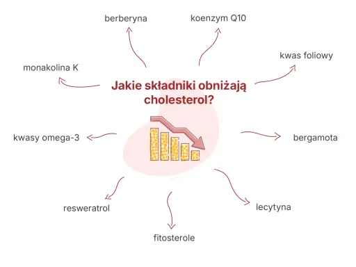 Monakolina K i inne składniki, jak berberyna czy kwasy omega-3, pomagają obniżyć cholesterol.