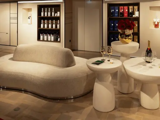 Elegante Lounge mit Moët-Flaschen und Gläsern. Die Herkunft des Champagners wird hier stilvoll präsentiert.